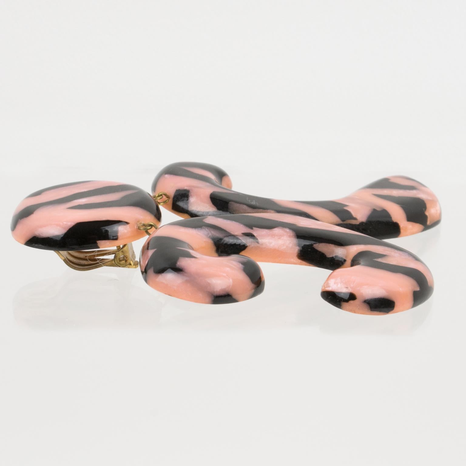 Christian Lacroix Massive Resin Clip Earrings Black and Pink Zebra Pattern For Sale 1