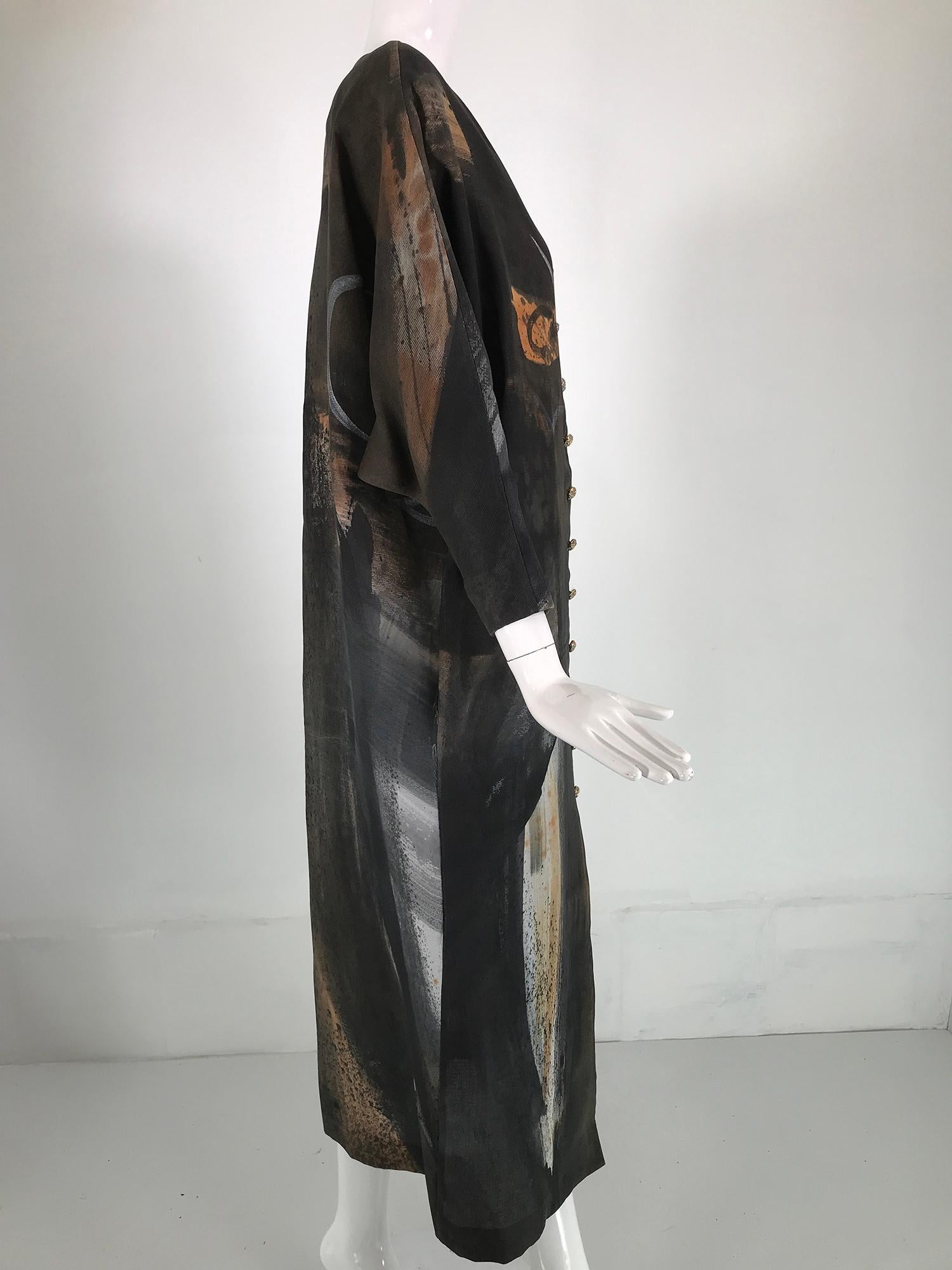 Christian Lacroix Painted Silk Button Front Bat Wing Dress 1980s 4