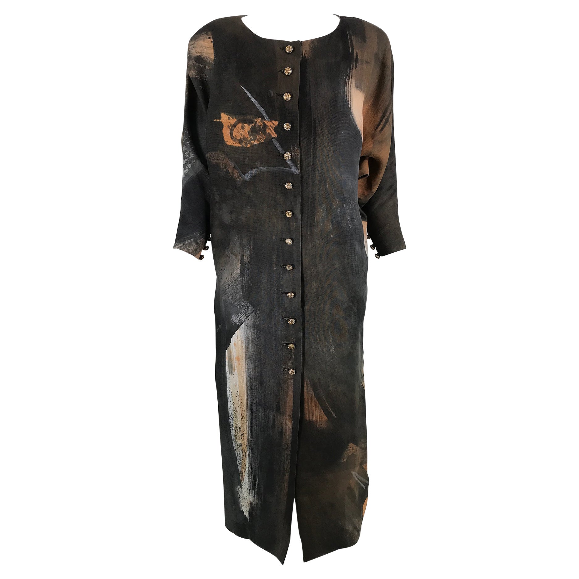 Christian Lacroix Painted Silk Button Front Bat Wing Dress 1980s