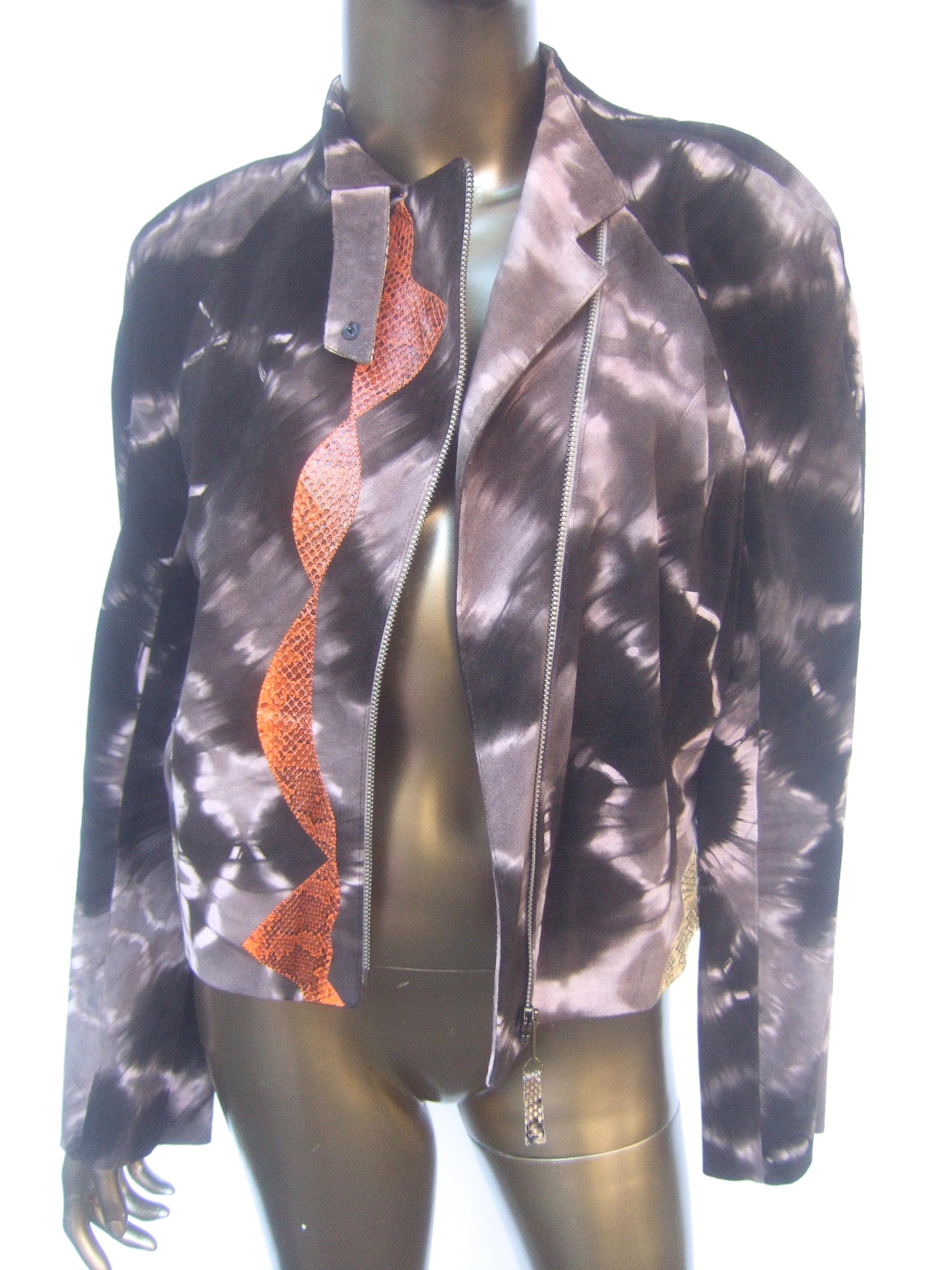 Gray Christian Lacroix Paris Brown Suede Snakeskin Trim Zippered Jacket  For Sale