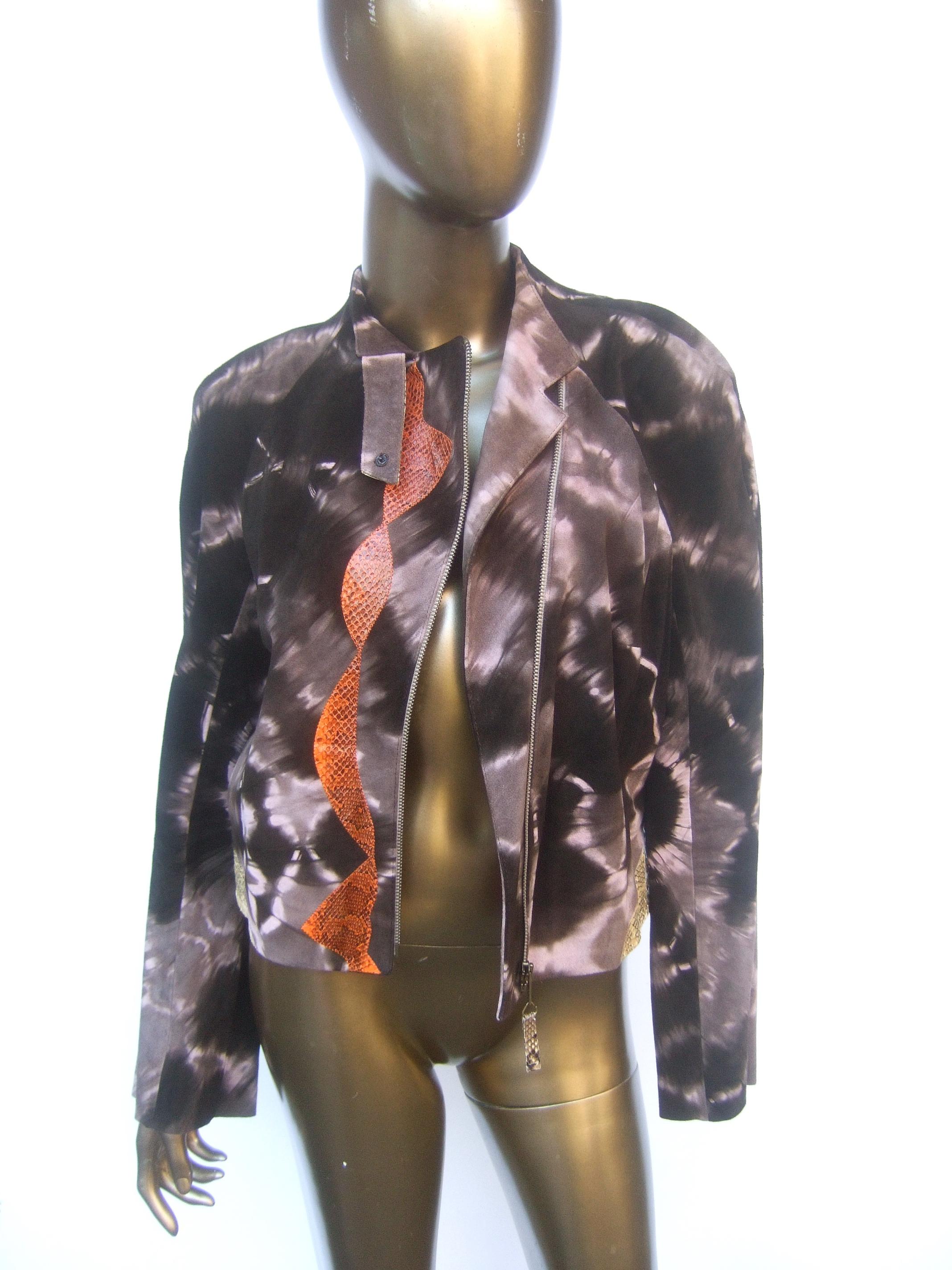 Christian Lacroix Paris Brown Suede Snakeskin Trim Zippered Jacket  In Good Condition For Sale In University City, MO
