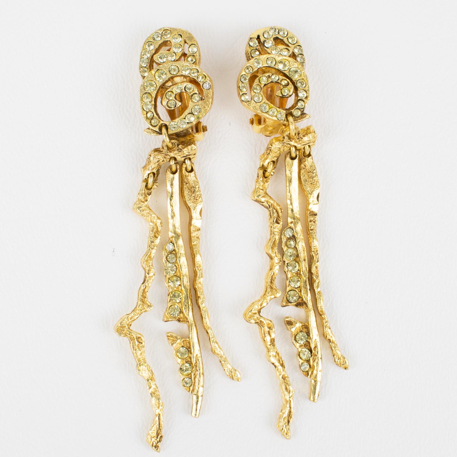 Modern Christian Lacroix Paris Brutalist Jeweled Dangle Clip-on Earrings