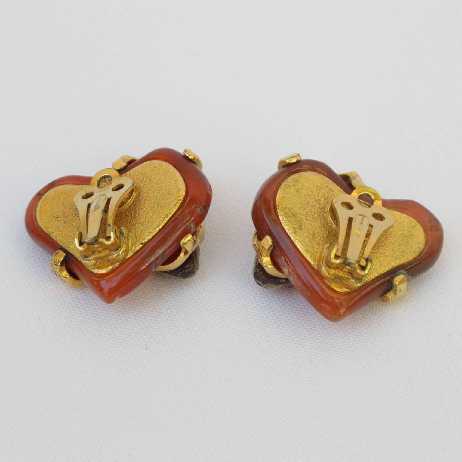 Christian Lacroix Paris clip on Earrings Baroque Resin Heart with Rhinestones In Excellent Condition In Atlanta, GA