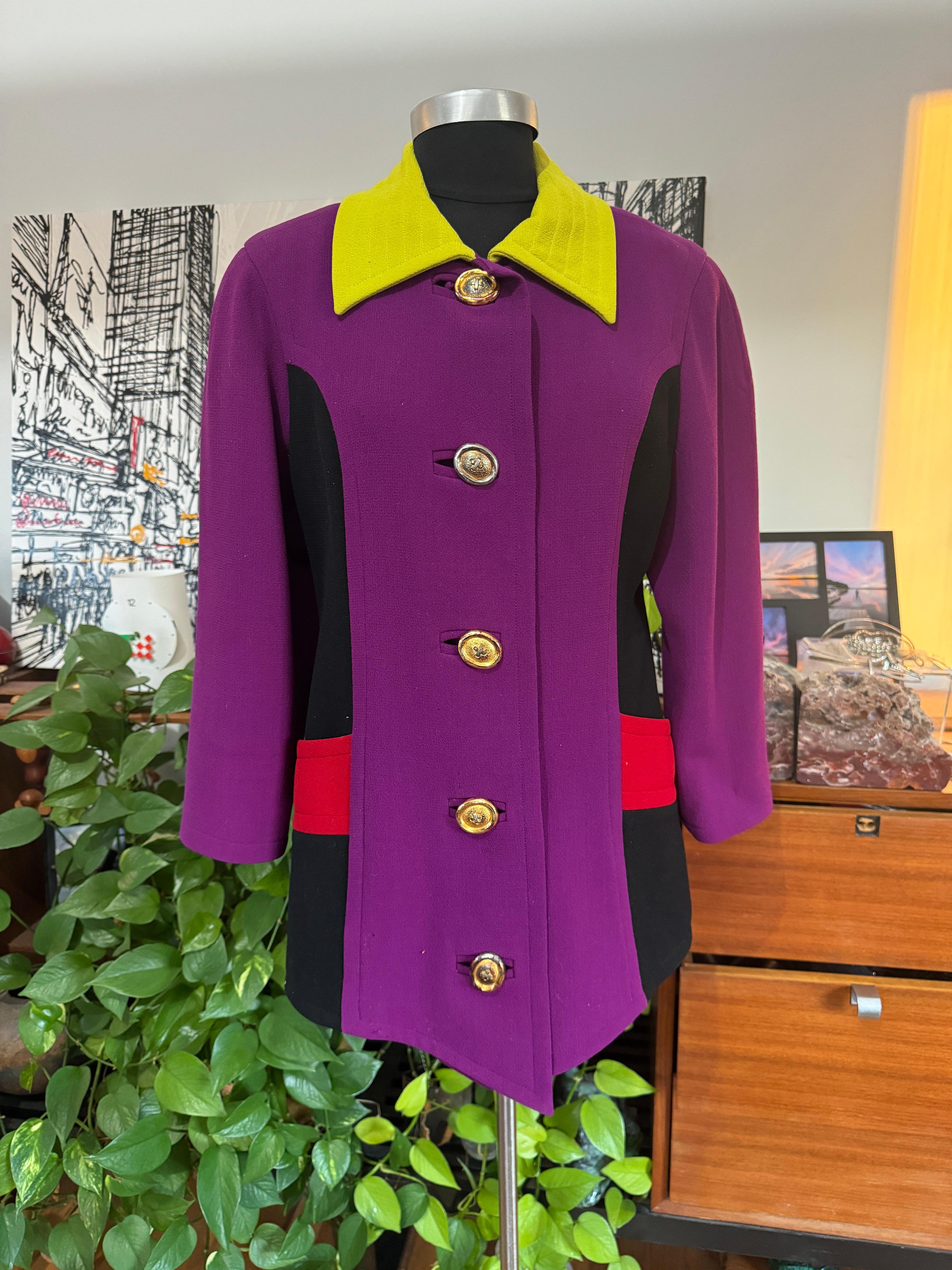 Christian Lacroix Paris Chaqueta Color Block Morado Verde ROJO Años 90 en venta 4