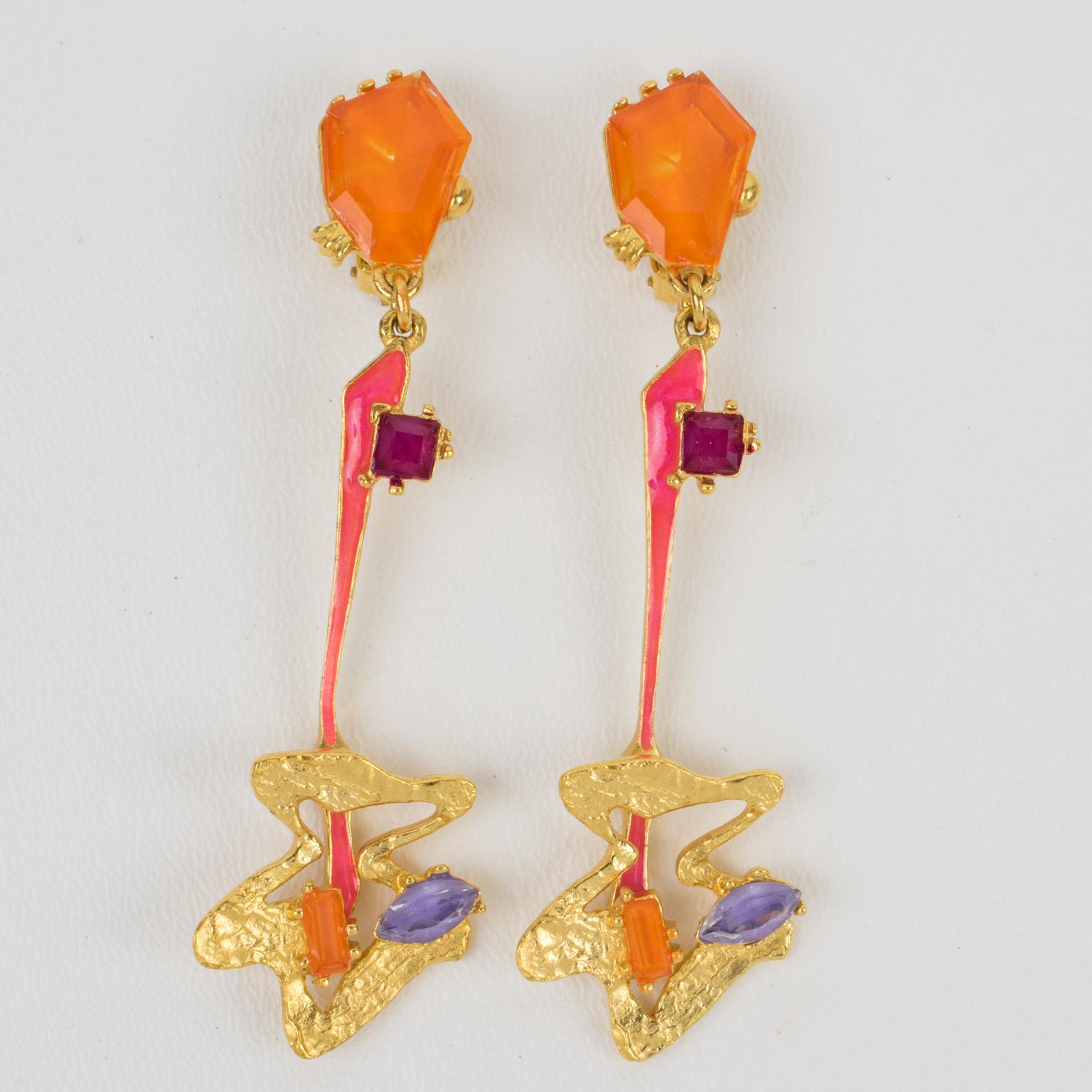 Modernist Christian Lacroix Paris Futuristic Enamel and Jeweled Dangle Clip Earrings  For Sale
