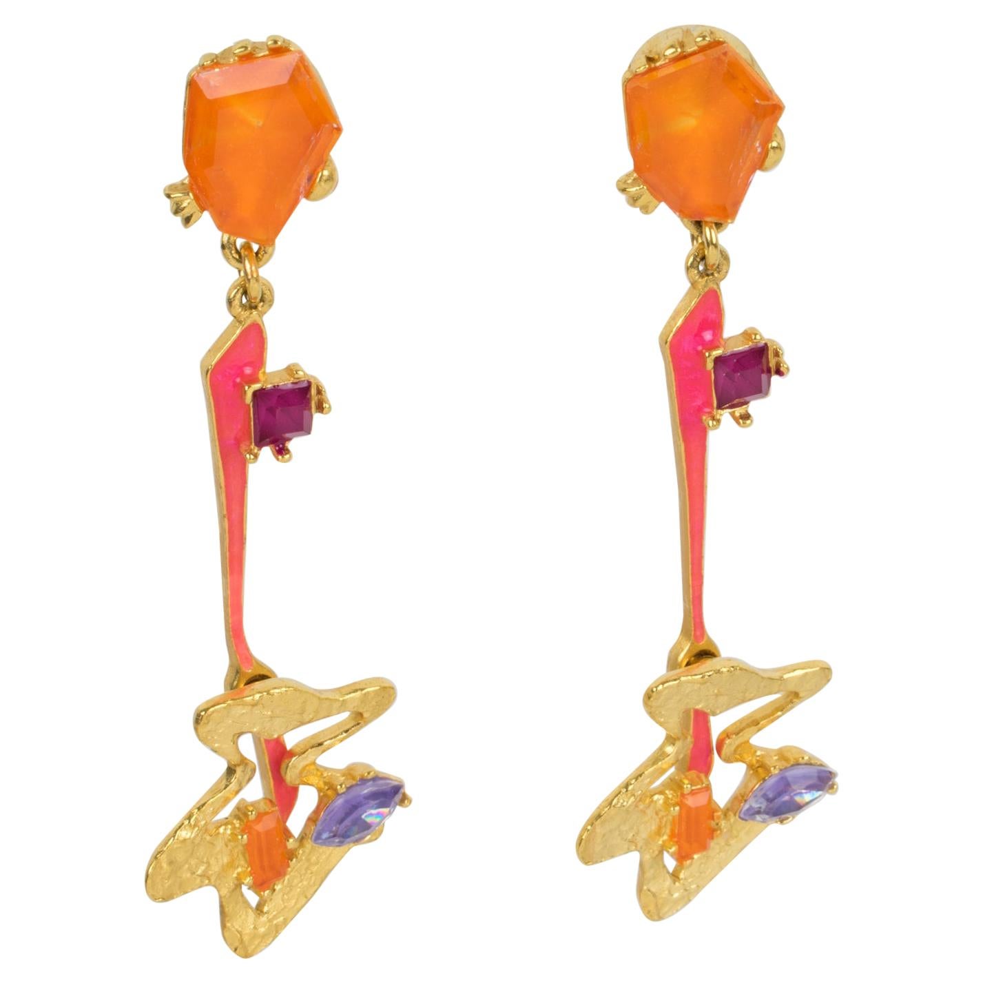 Christian Lacroix Paris Futuristic Enamel and Jeweled Dangle Clip Earrings  For Sale