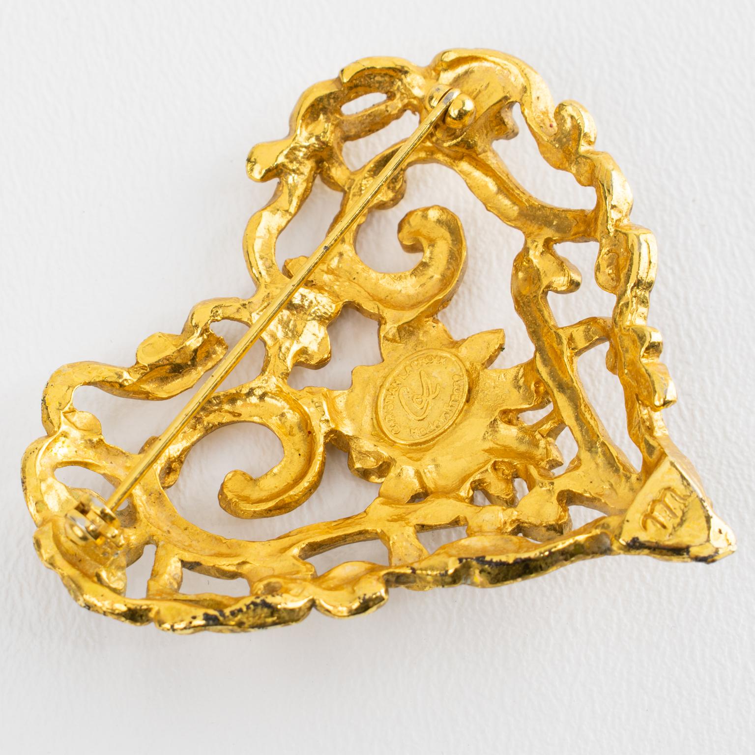 Christian Lacroix Paris Broche cœur baroque en métal doré en vente 1