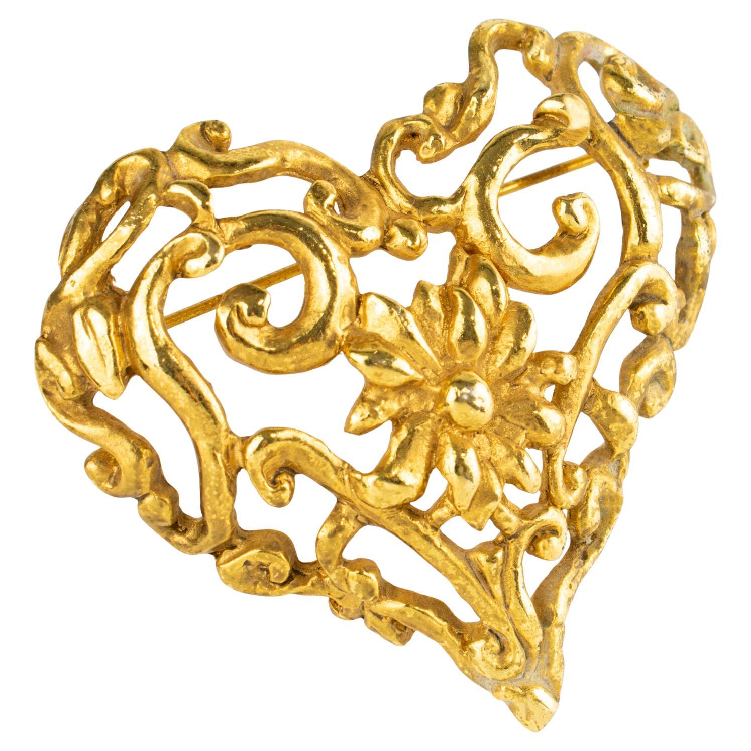 Christian Lacroix Paris Gilt Metal Baroque Heart Brooch