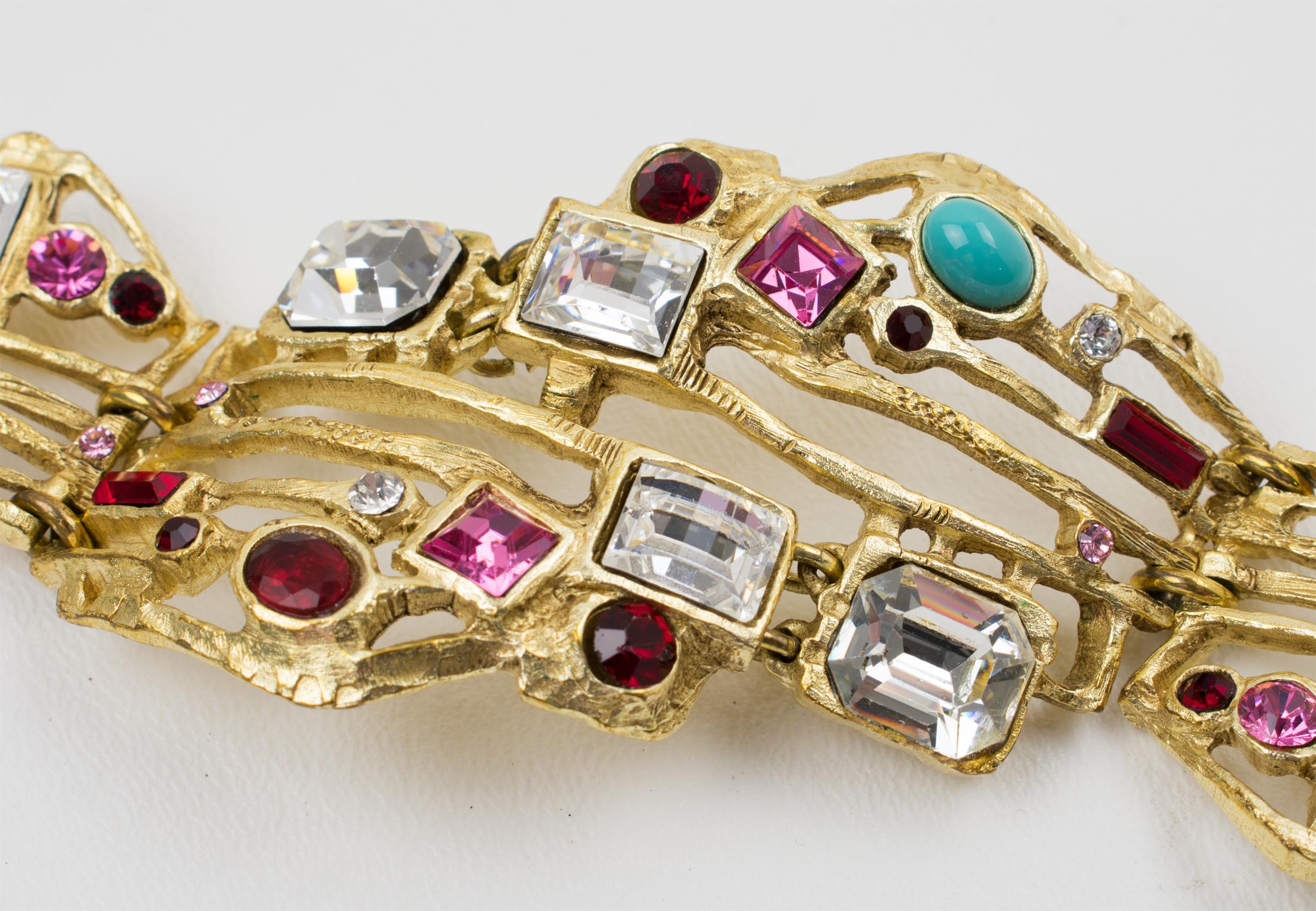 Christian Lacroix Paris Gilt Metal Brutalist Jeweled Link Bracelet For Sale 2