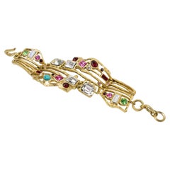 Retro Christian Lacroix Paris Gilt Metal Brutalist Jeweled Link Bracelet