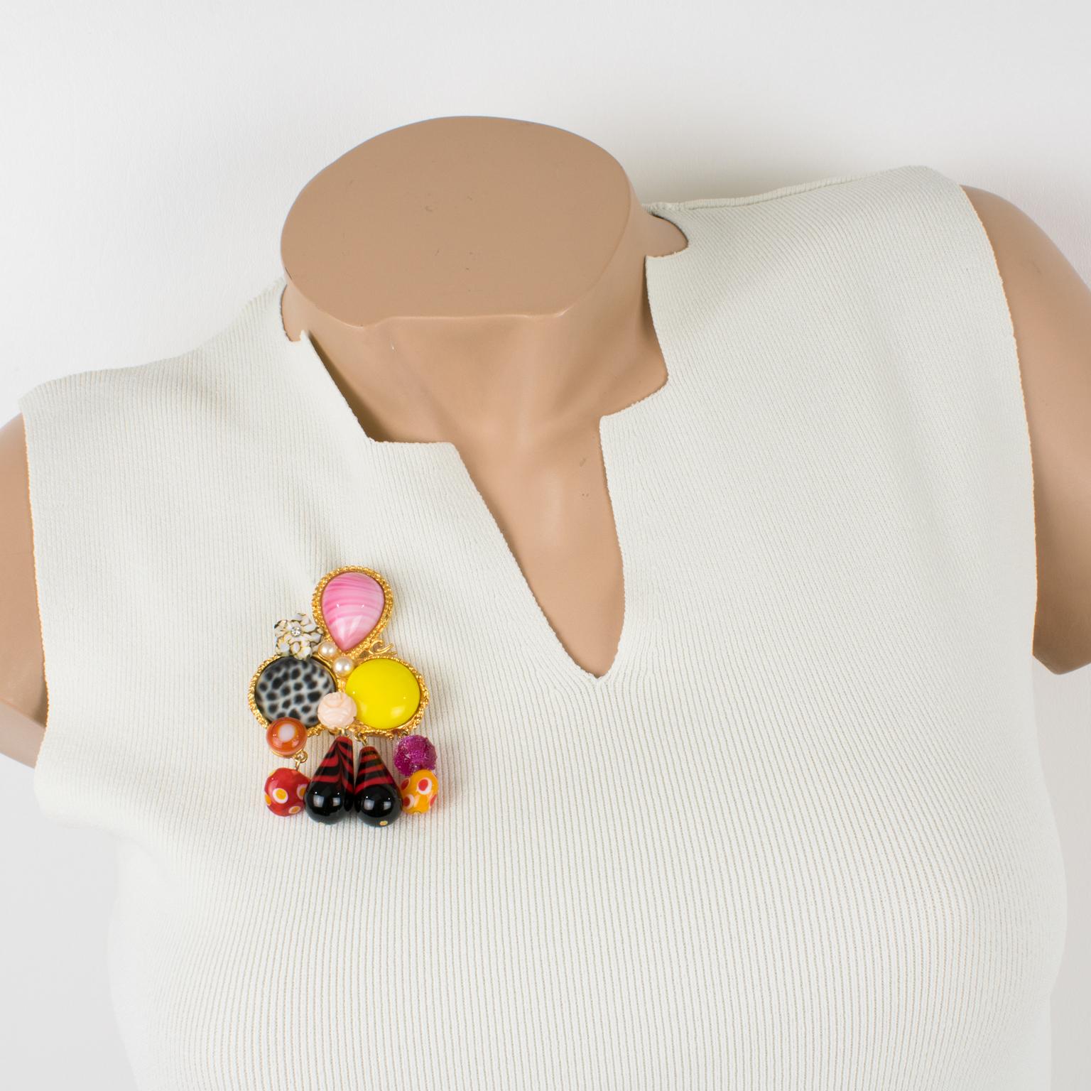 Modern Christian Lacroix Paris Gilded Metal Jeweled Brooch For Sale