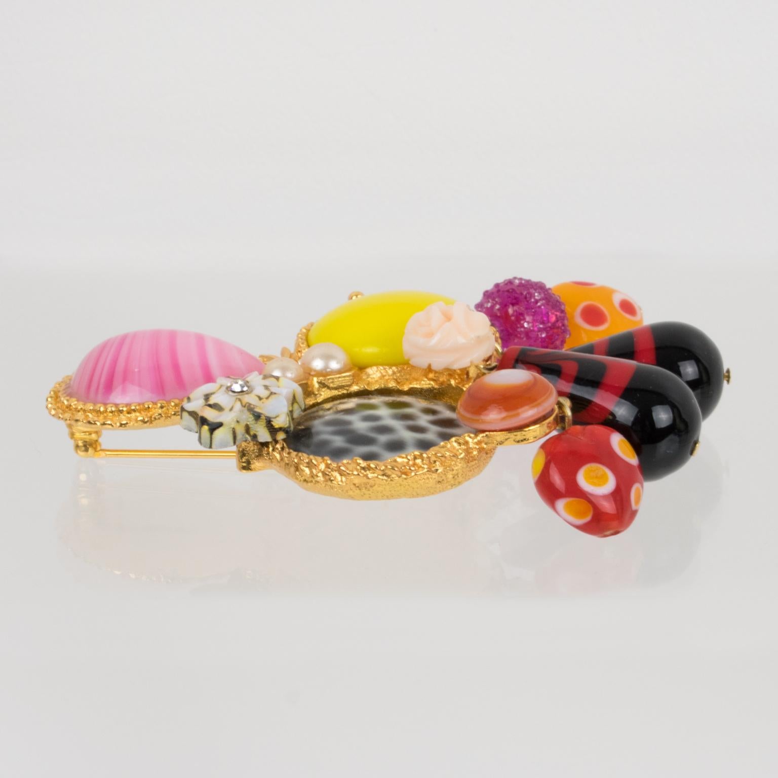 Christian Lacroix Paris Gilded Metal Jeweled Brooch For Sale 2