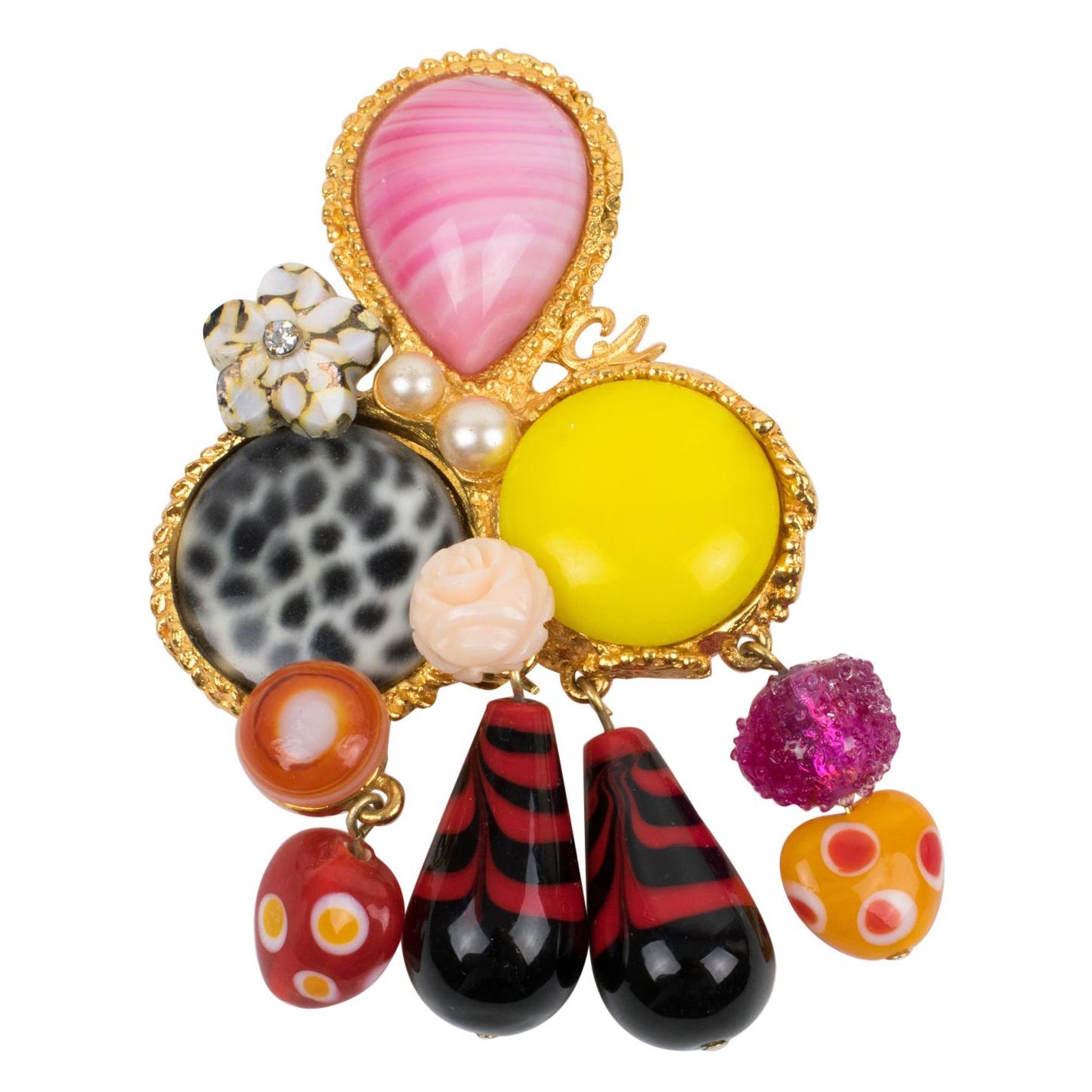 Christian Lacroix Paris Gilded Metal Jeweled Brooch For Sale