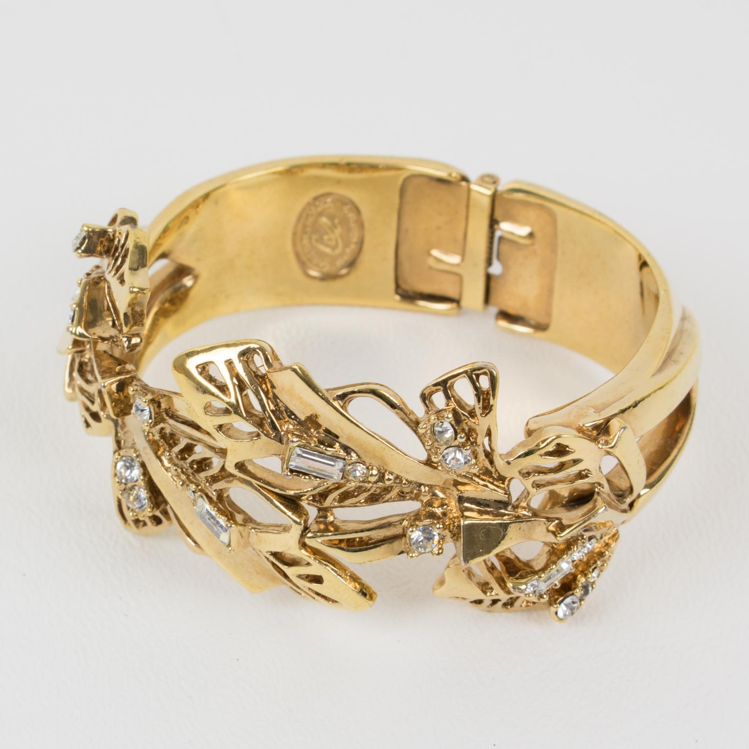 Christian Lacroix Paris Goldtone Metal Jeweled Clamper Bracelet Bangle In Excellent Condition For Sale In Atlanta, GA