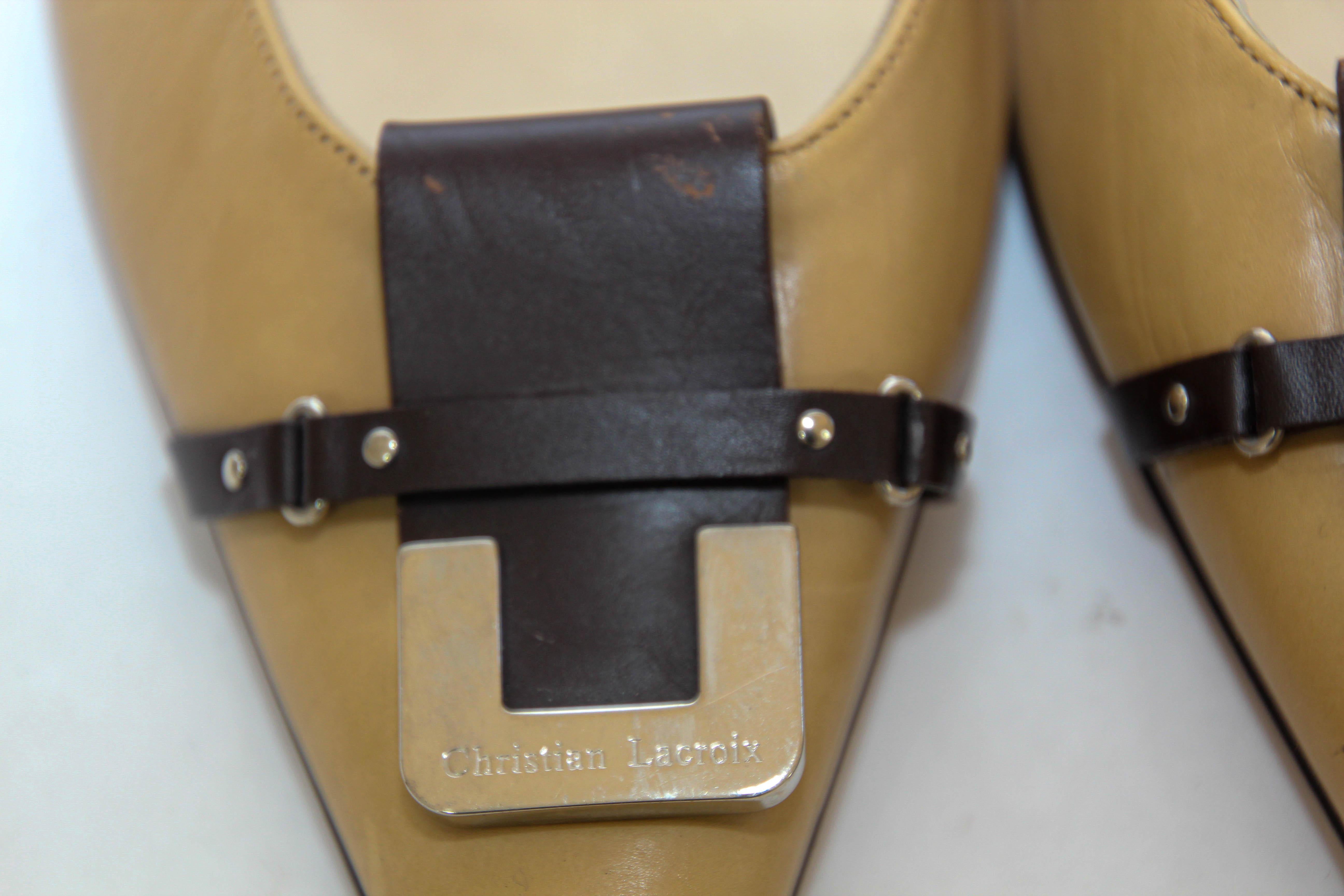 Christian Lacroix Paris Heels Shoes Tan and Brown 1990s For Sale 7