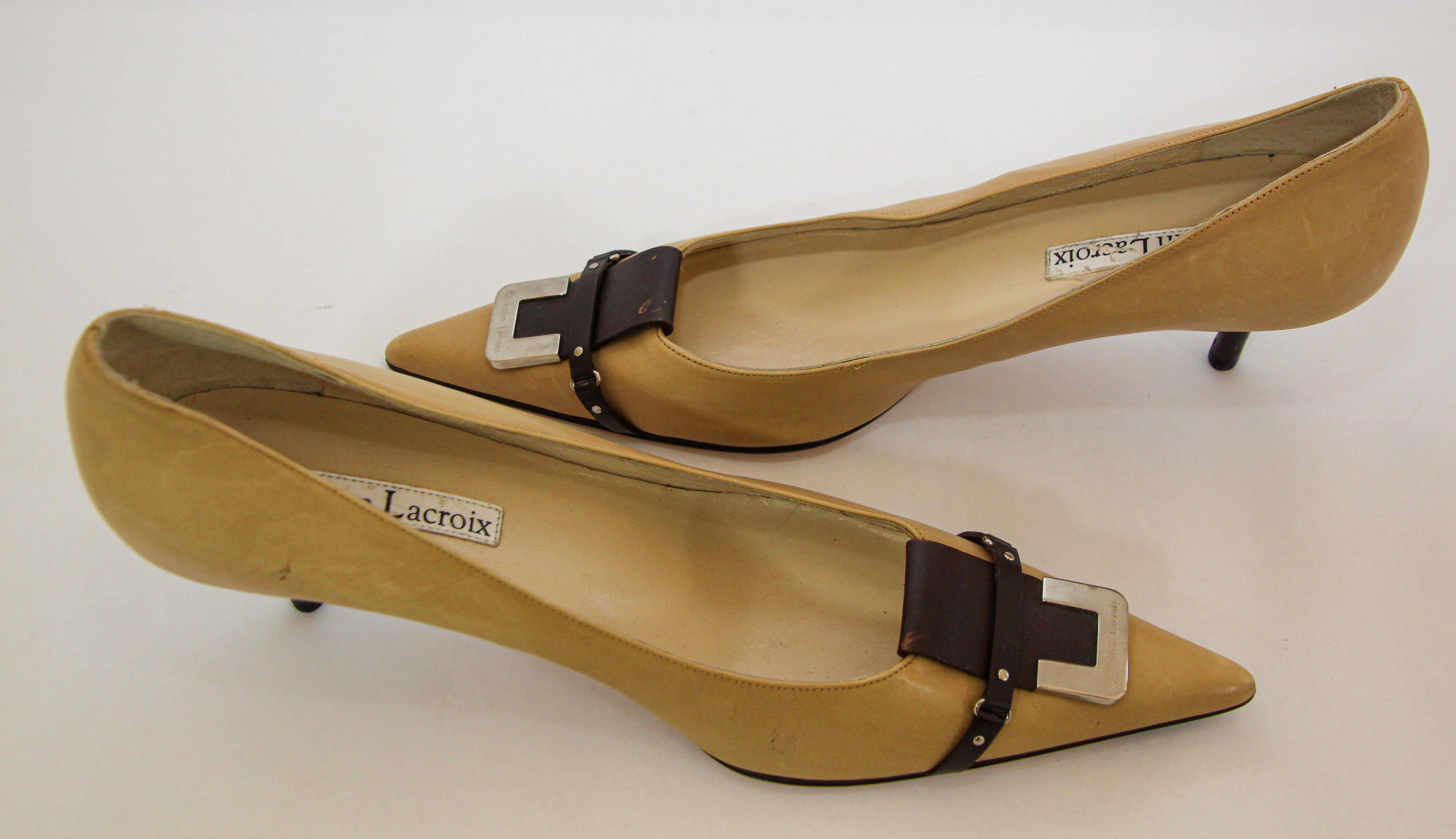 Christian Lacroix Paris Heels Shoes Tan and Brown 1990s For Sale 9