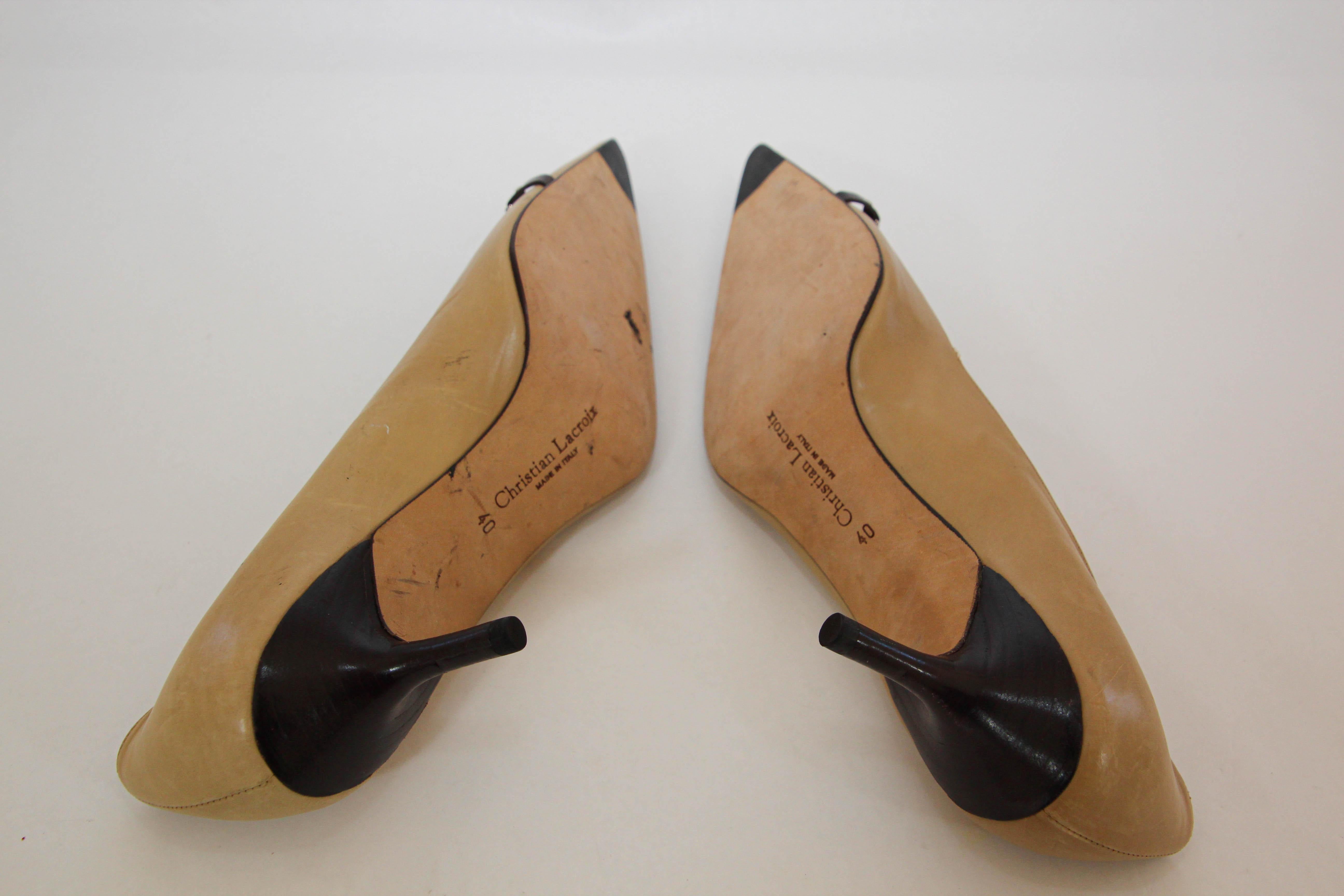 Christian Lacroix Paris Heels Shoes Tan and Brown 1990s For Sale 13