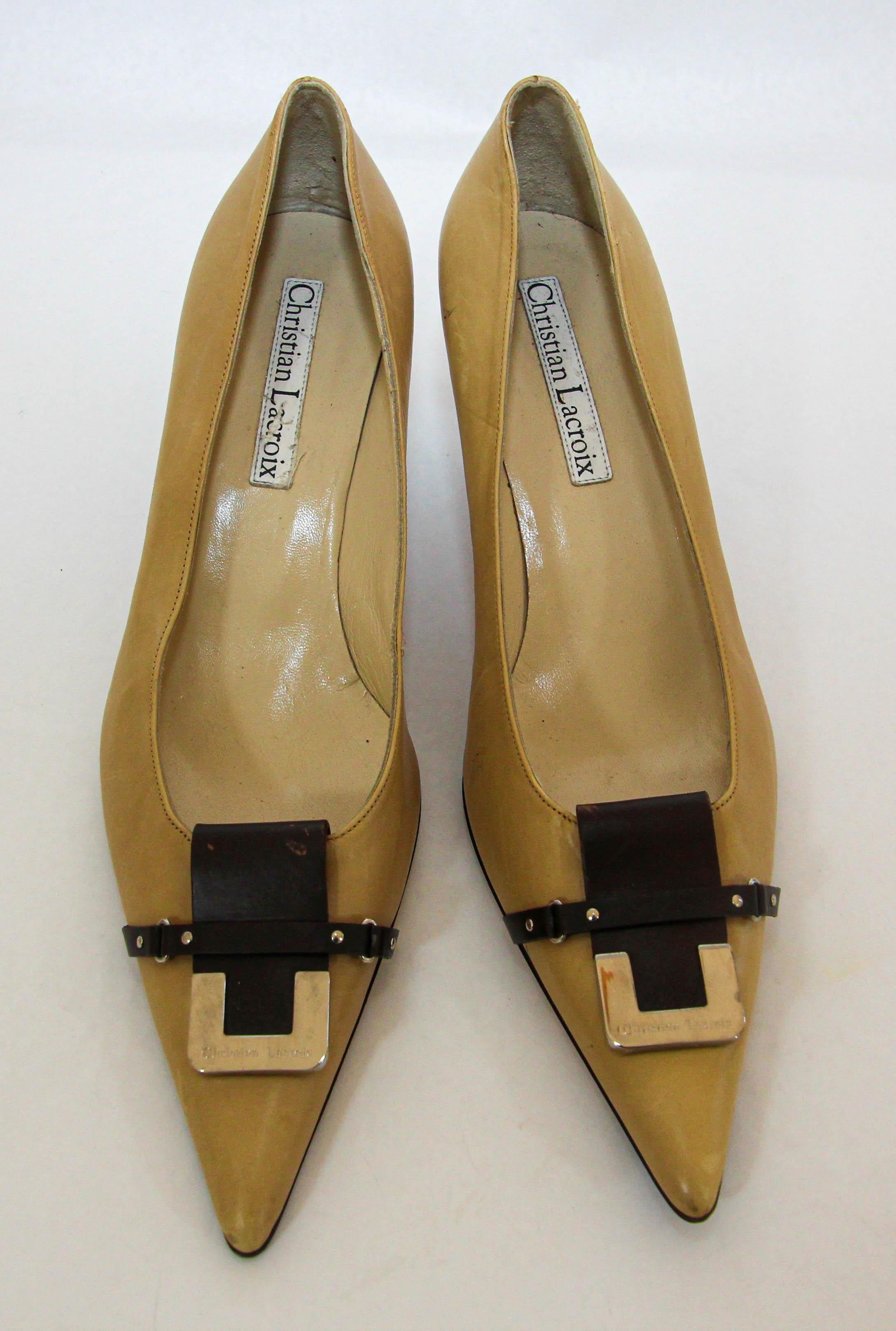 Christian Lacroix Paris Heels Shoes Tan and Brown 1990s For Sale 2