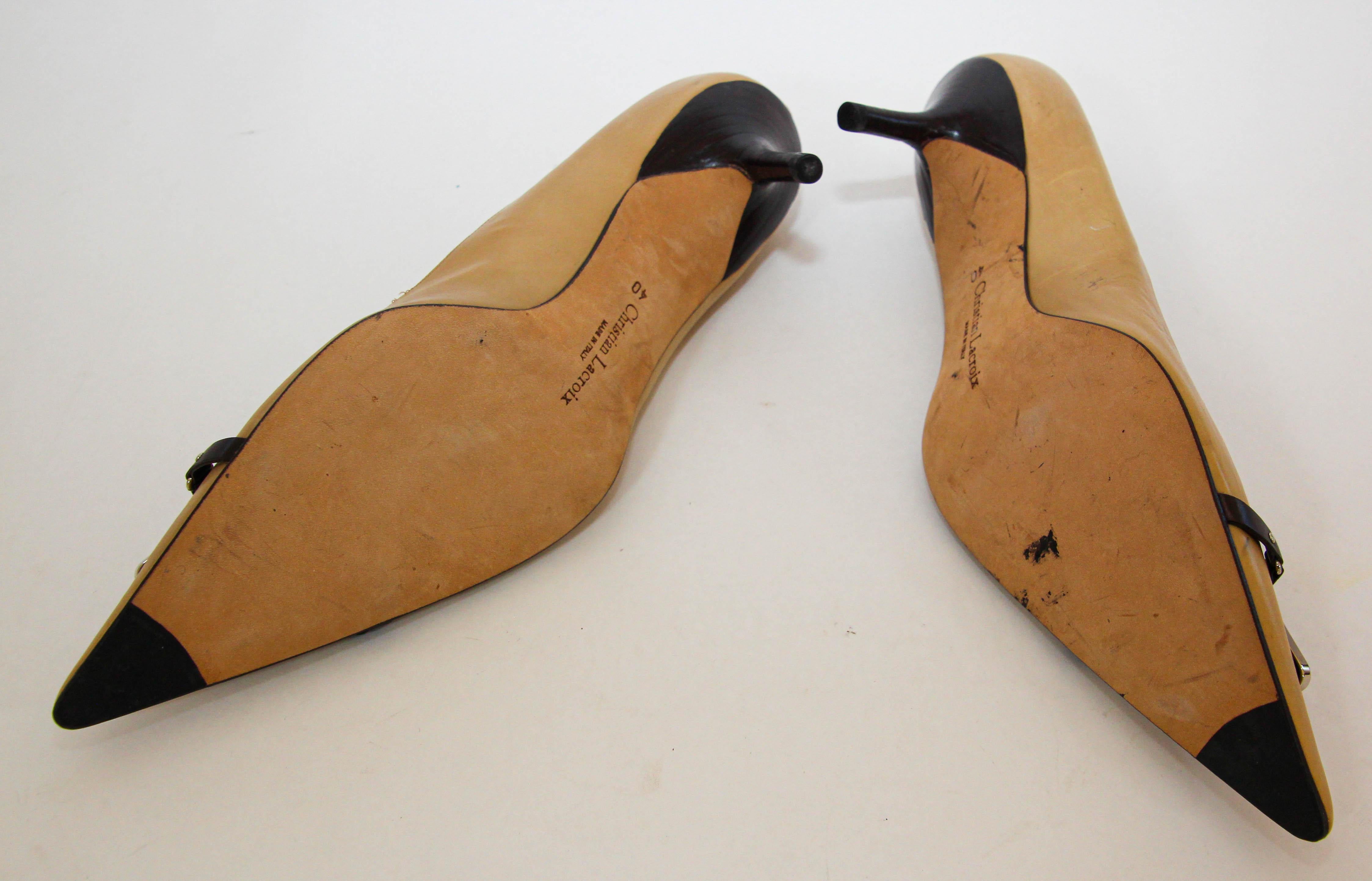 Christian Lacroix Paris Heels Shoes Tan and Brown 1990s For Sale 4