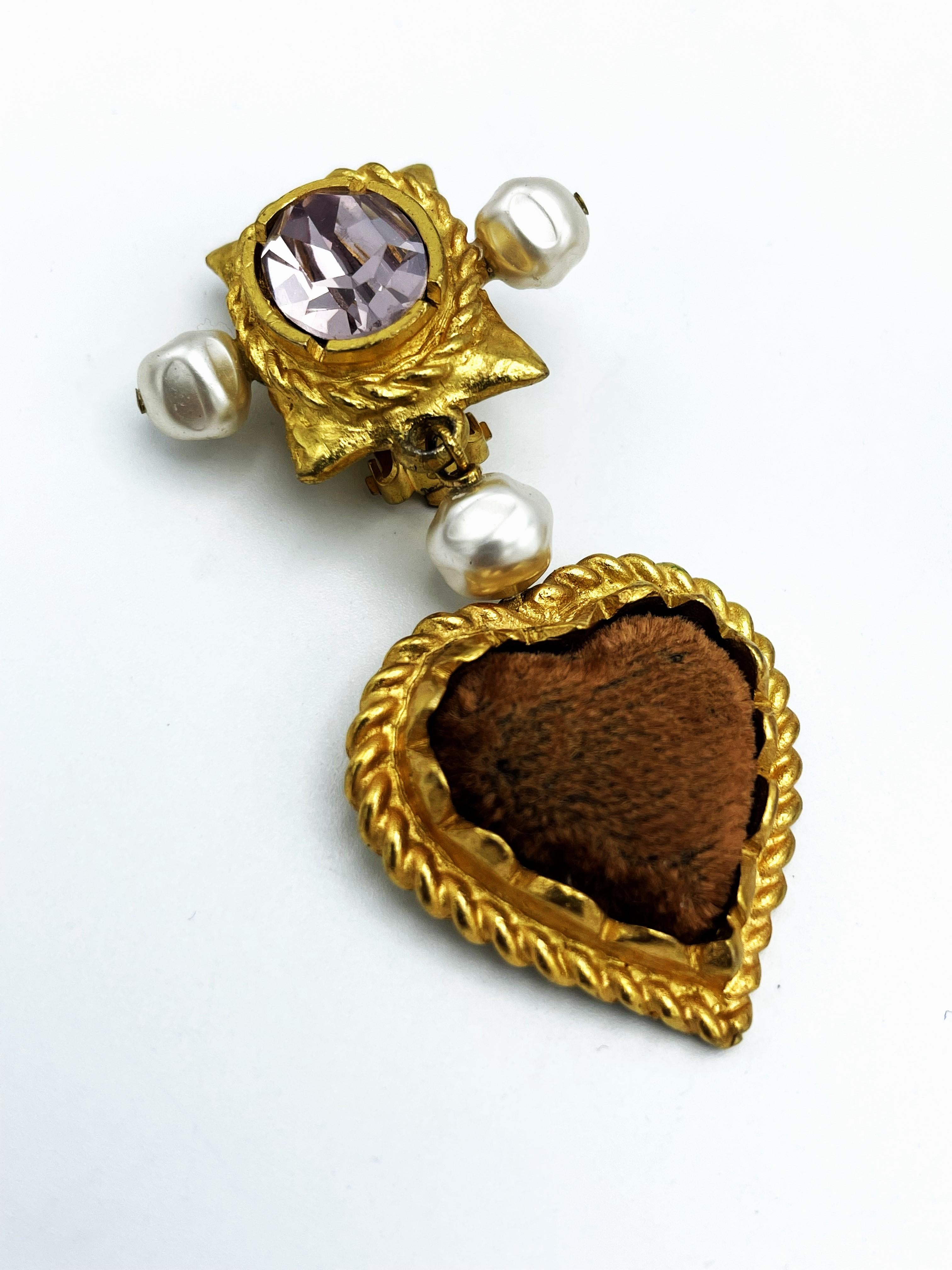 Baguette Cut Christian Lacroix Paris, long clip-on earrings with a velvet heart, 1980/90s For Sale
