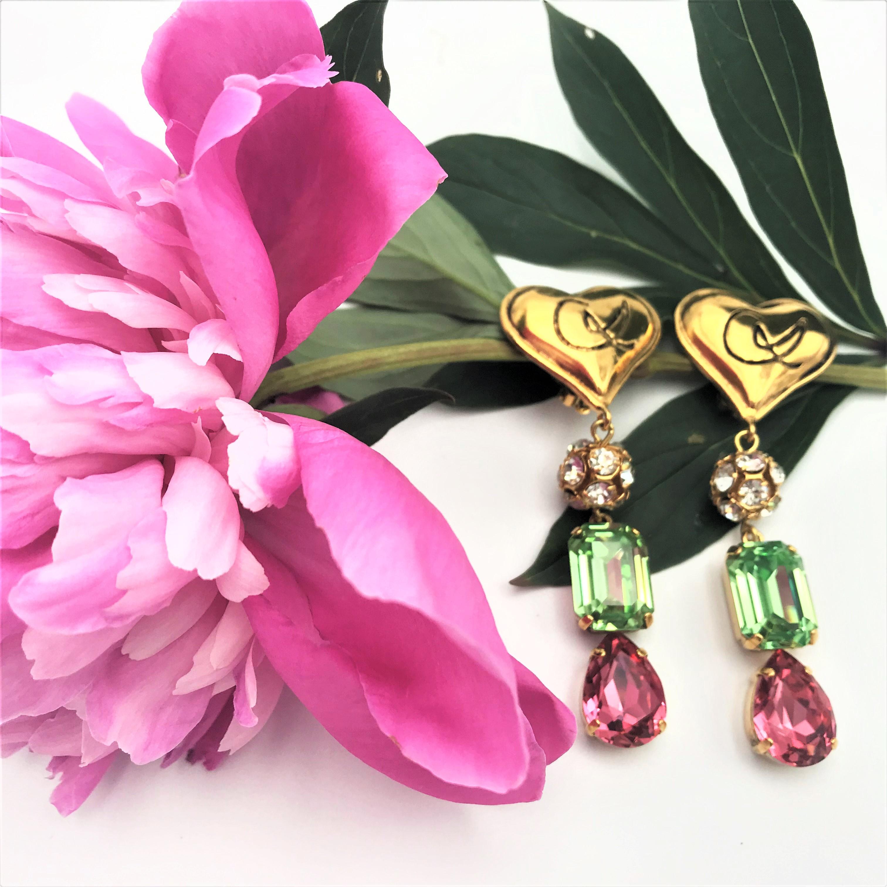 Artisan Christian Lacroix Paris long clip-on ear heart with rhinestones in pink and gree For Sale