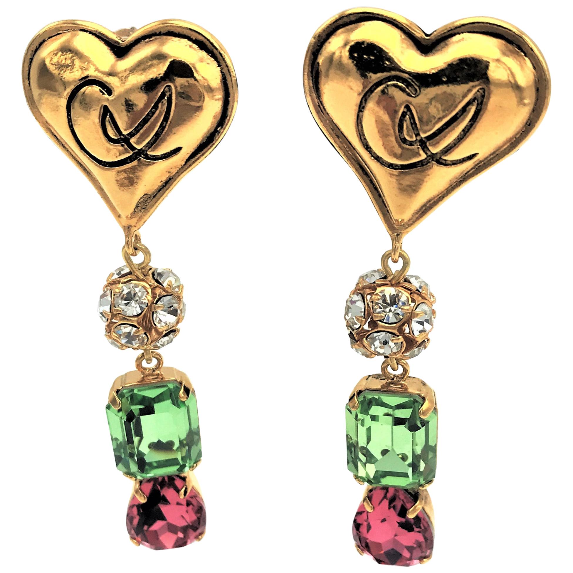 Christian Lacroix Paris long clip-on ear heart with rhinestones in pink and gree For Sale