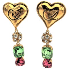 Retro Christian Lacroix Paris long clip-on ear heart with rhinestones in pink and gree