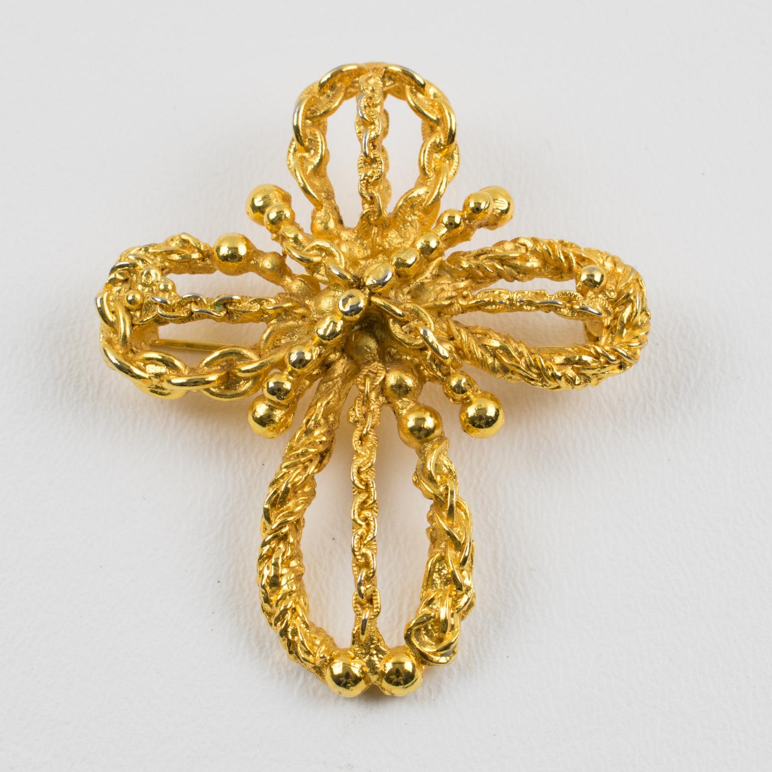 Christian Lacroix Paris Pin Brooch Gilt Metal Rope Cross In Excellent Condition In Atlanta, GA