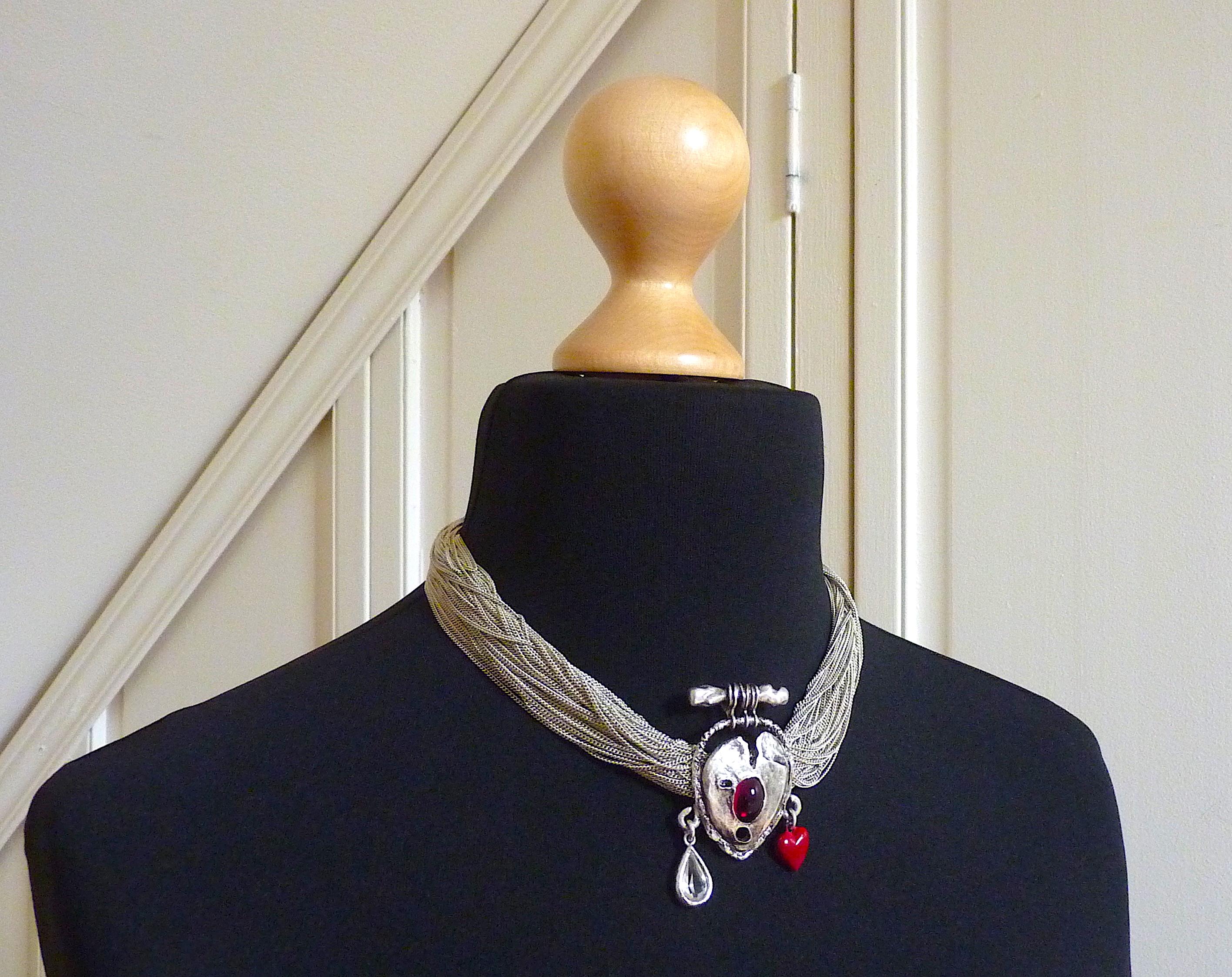 Women's Christian Lacroix Paris Poured Glass and Charms Silver Tone Necklace 1990s For Sale