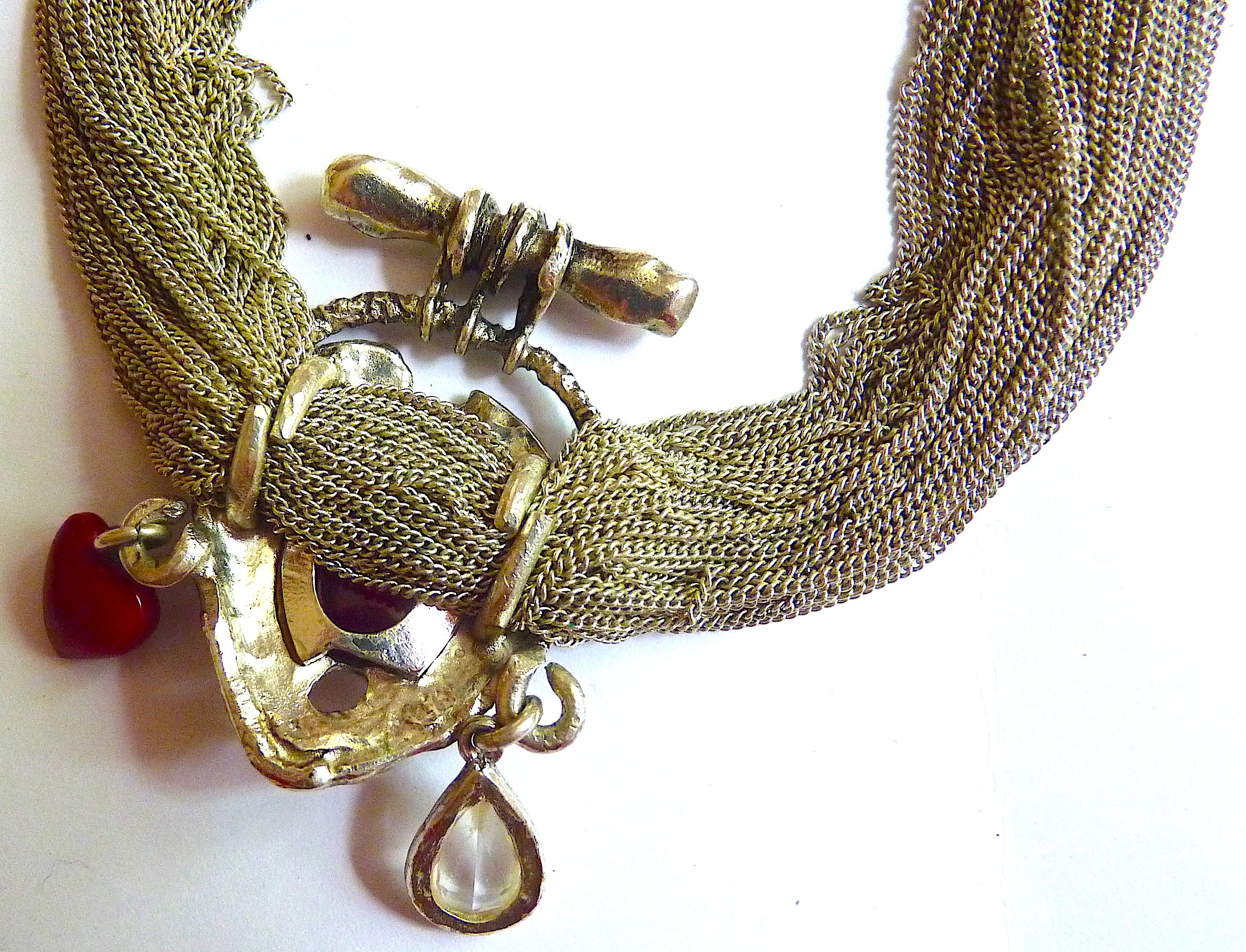 Christian Lacroix Paris Poured Glass and Charms Silver Tone Necklace 1990s For Sale 2