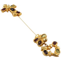 Vintage Christian Lacroix Paris Signed Oversized Long Pin Brooch Gilt Metal and Cabochon