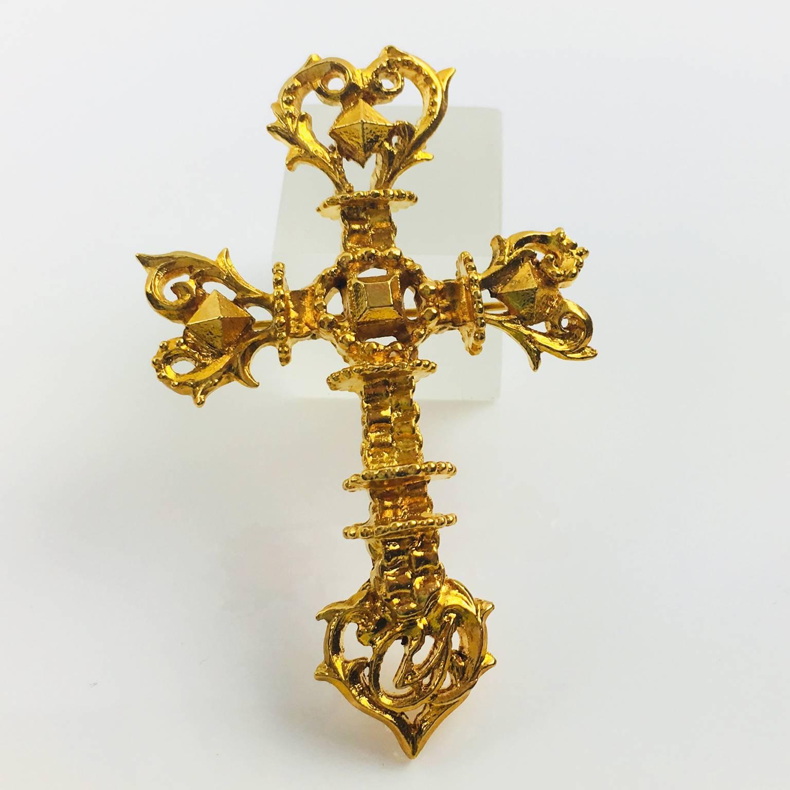 Christian Lacroix Paris Signed Pin Brooch Gilt Metal Pierced Baroque Cross 1