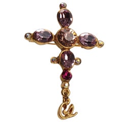 Christian Lacroix Purple Jeweled Cross Pin Brooch