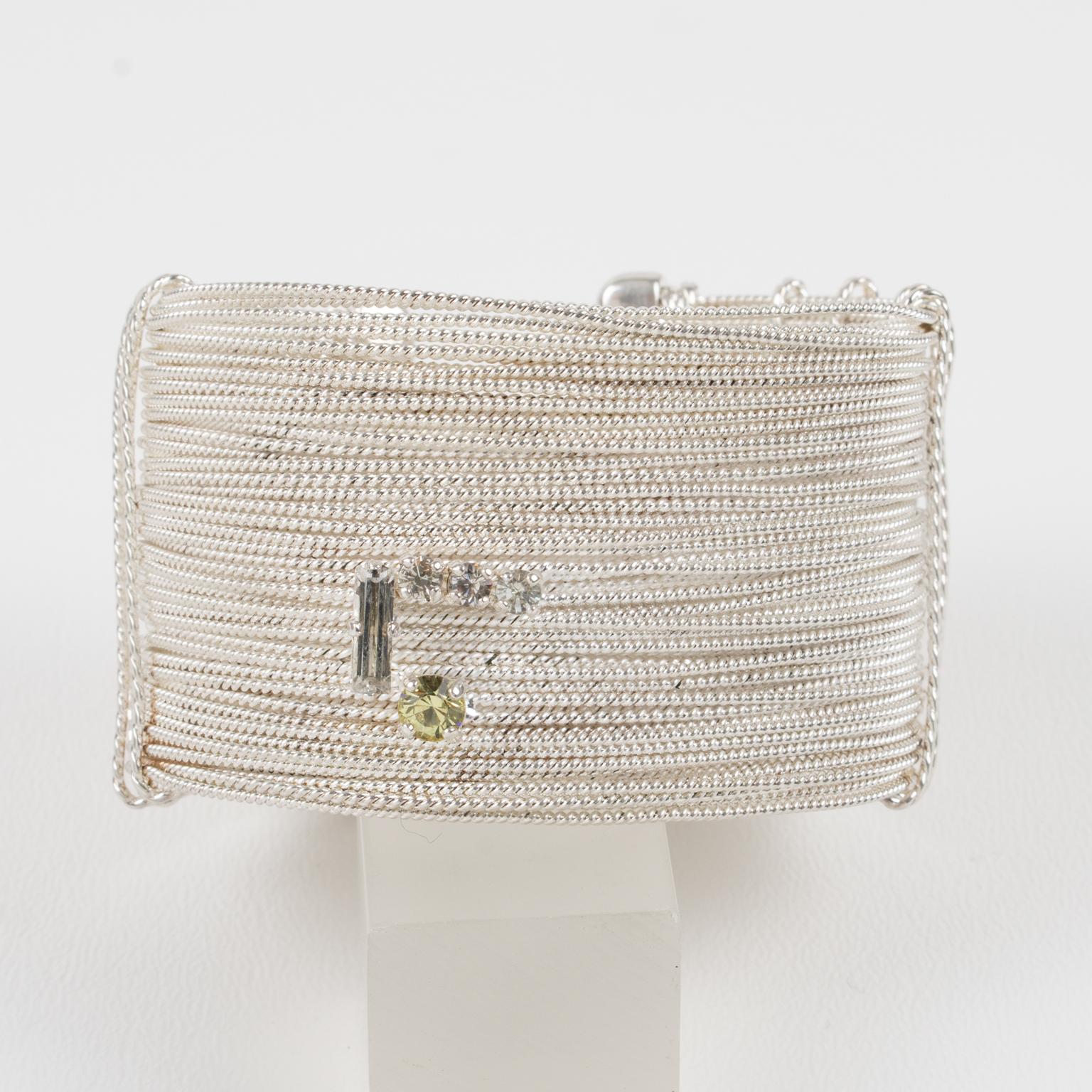 Christian Lacroix Paris Silver Plate Jeweled Wired Cuff Bracelet For Sale 3
