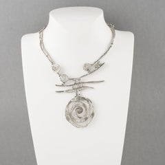 Christian Lacroix Paris Silvered Necklace with Jeweled Brutalist Medallion