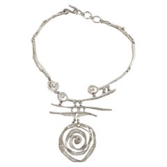 Christian Lacroix Paris Silvered Necklace with Jeweled Brutalist Medallion