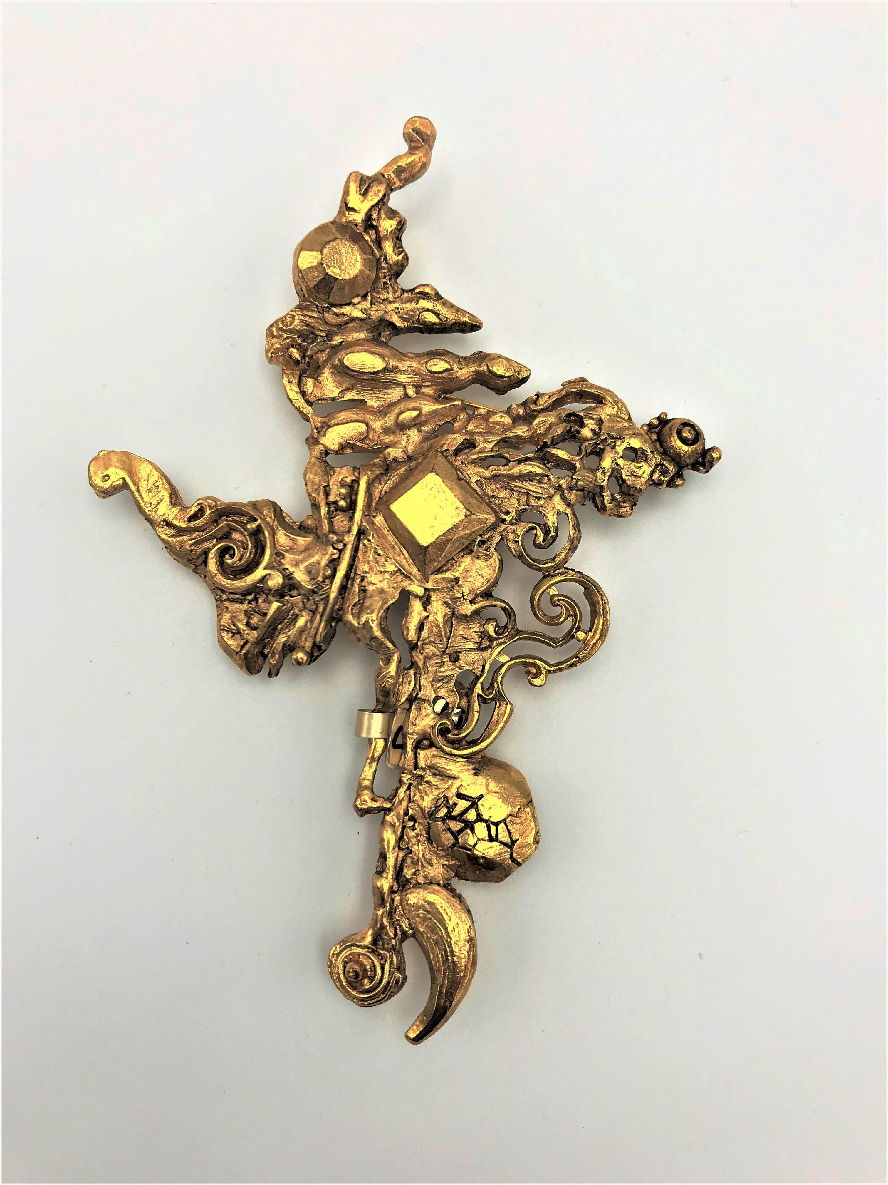 Women's  Christian Lacroix Paris stylized cross brooch gold plated 1980s For Sale