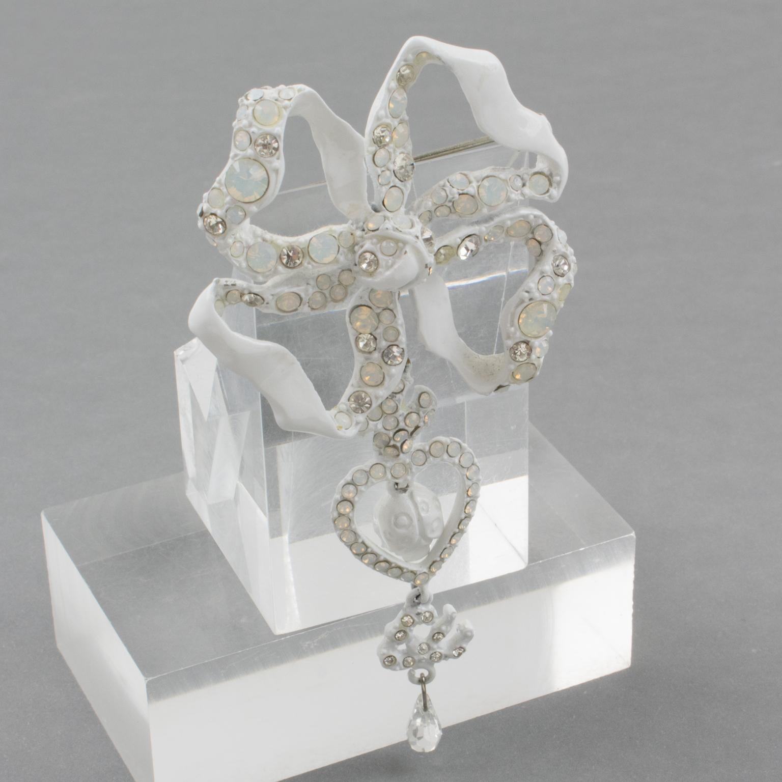 Christian Lacroix Paris White Enamel Bow Pin Brooch For Sale 2