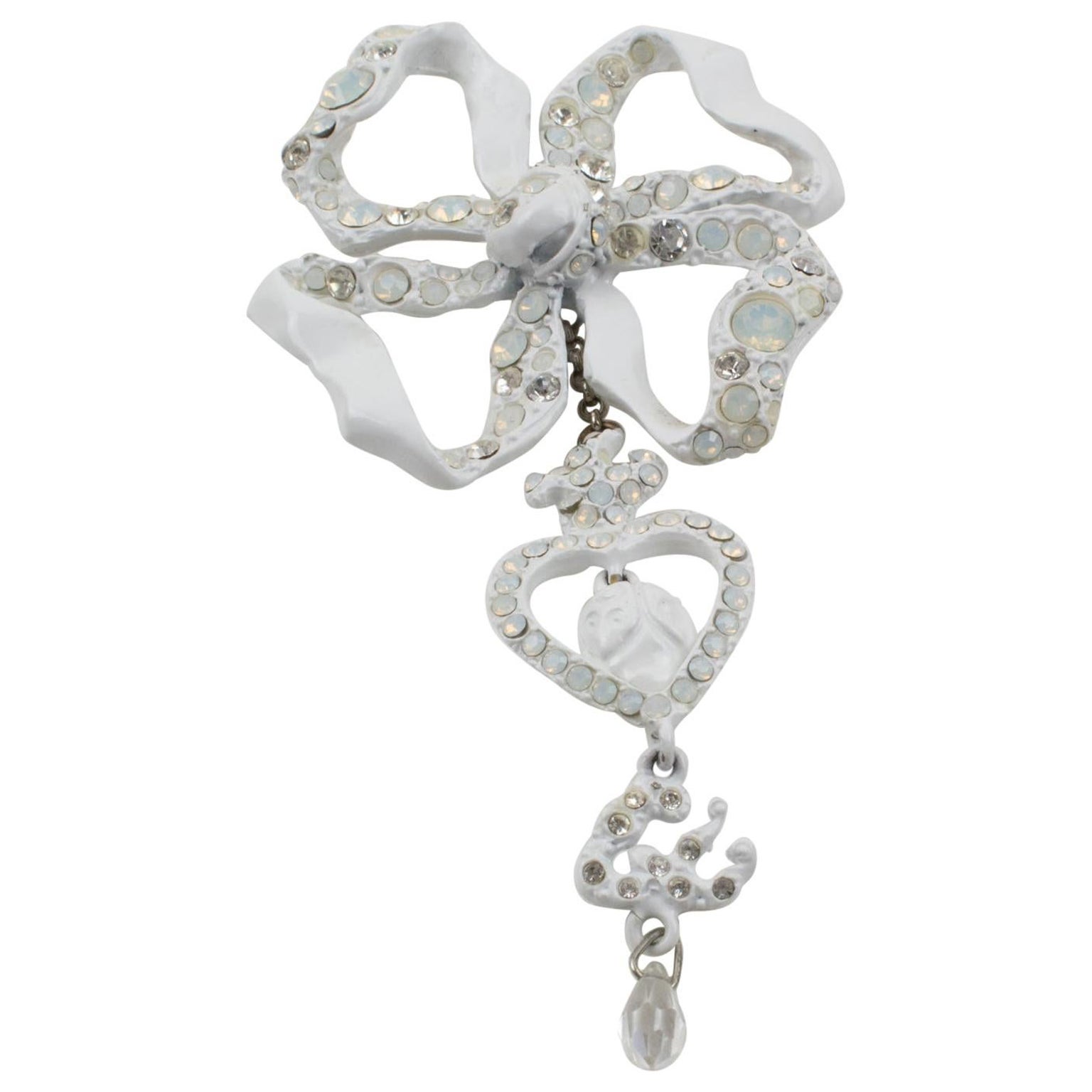 Christian Lacroix Paris White Enamel Bow Pin Brooch For Sale