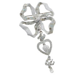 Christian Lacroix Paris White Enamel Dangle Bow Jeweled Brooch