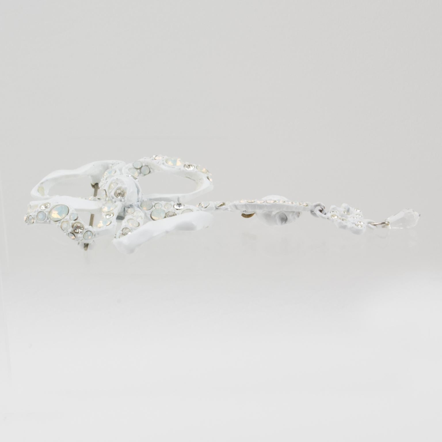 Christian Lacroix Paris White Enamel Dangle Bow Pin Brooch For Sale 6