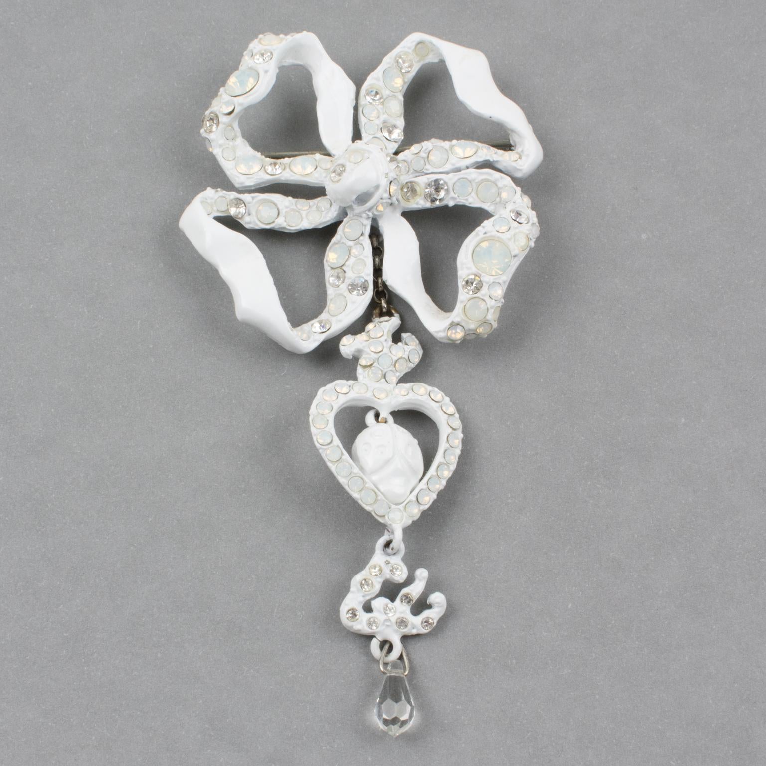Christian Lacroix Paris White Enamel Dangle Bow Pin Brooch For Sale 8