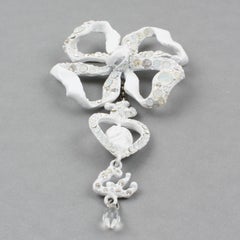 Christian Lacroix Paris White Enamel Dangle Bow Jeweled Brooch