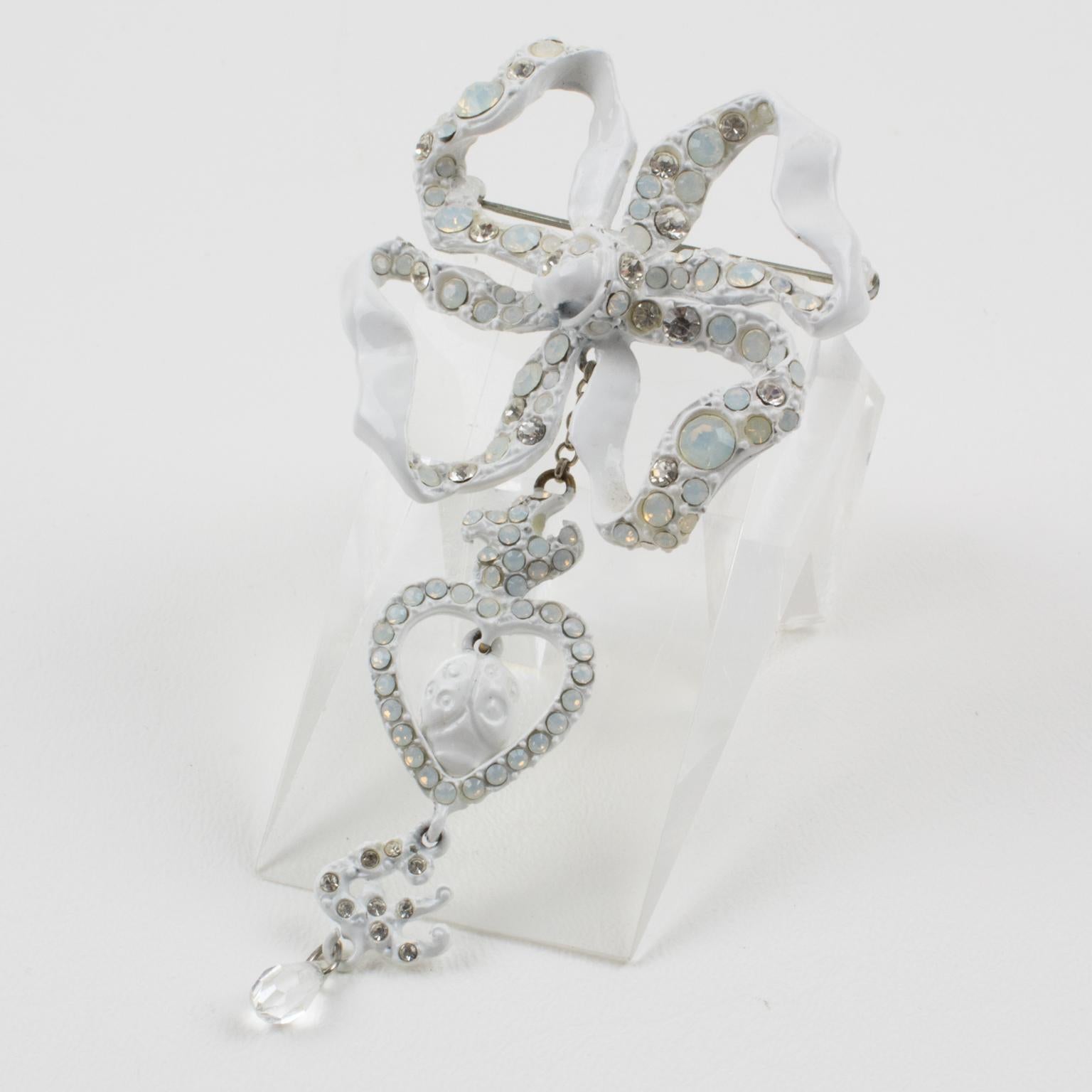 Christian Lacroix Paris White Enamel Dangle Bow Pin Brooch For Sale 3