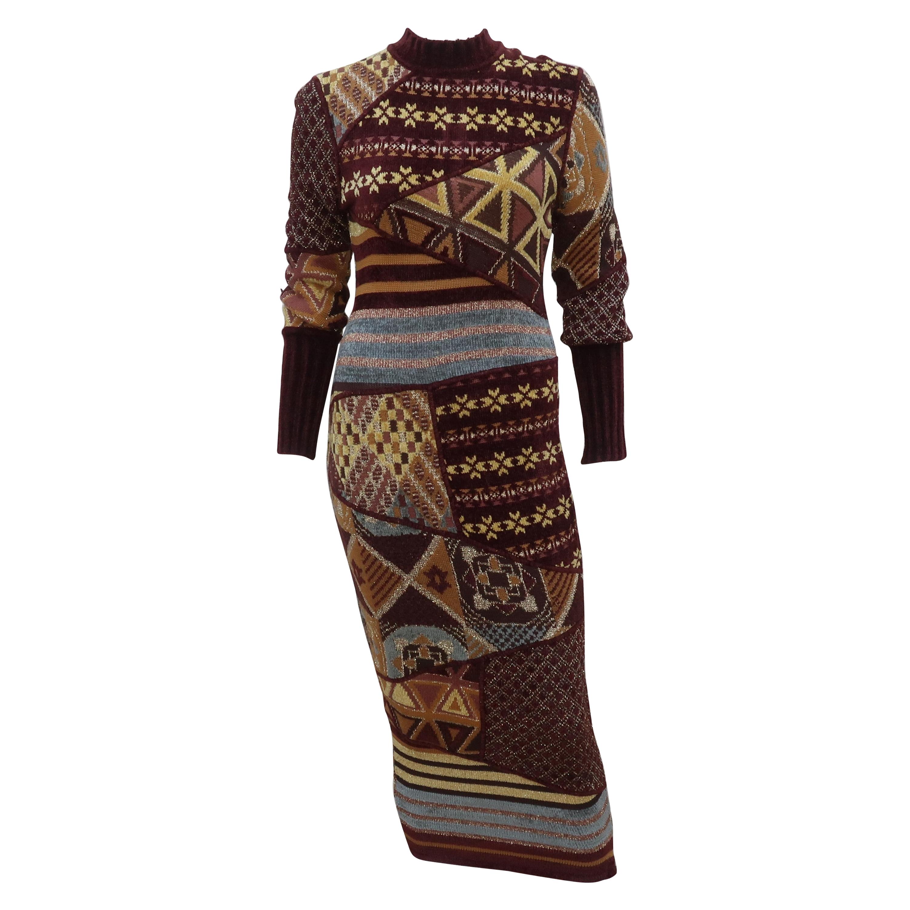 Christian Lacroix Patchwork Brown 
Metallic Gold Sweater Dress, C.1990