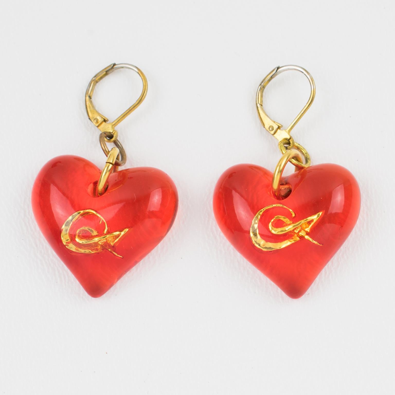 Romantic Christian Lacroix Pierced Earrings Neon Orange Resin Heart For Sale