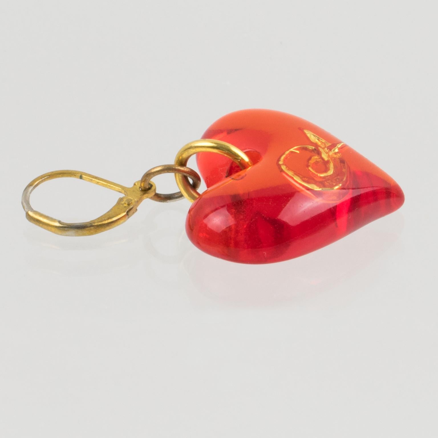 Romantic Christian Lacroix Pierced Earrings Neon Orange Resin Heart For Sale