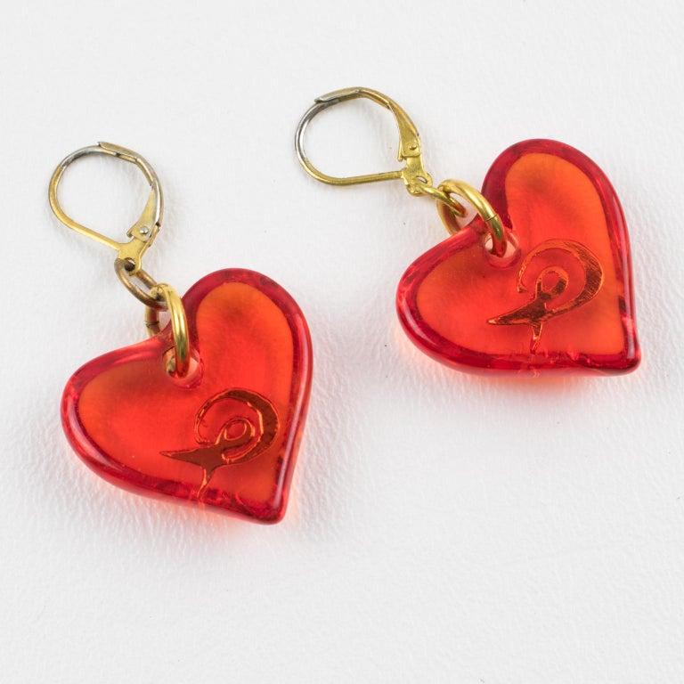 Christian Lacroix Pierced Earrings Neon Orange Resin Heart For Sale 2