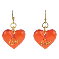 Vintage Christian Lacroix Pierced Earrings Neon Orange Resin Heart