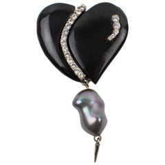 Vintage Christian Lacroix Pin Brooch Jeweled Heart with Black Pearl